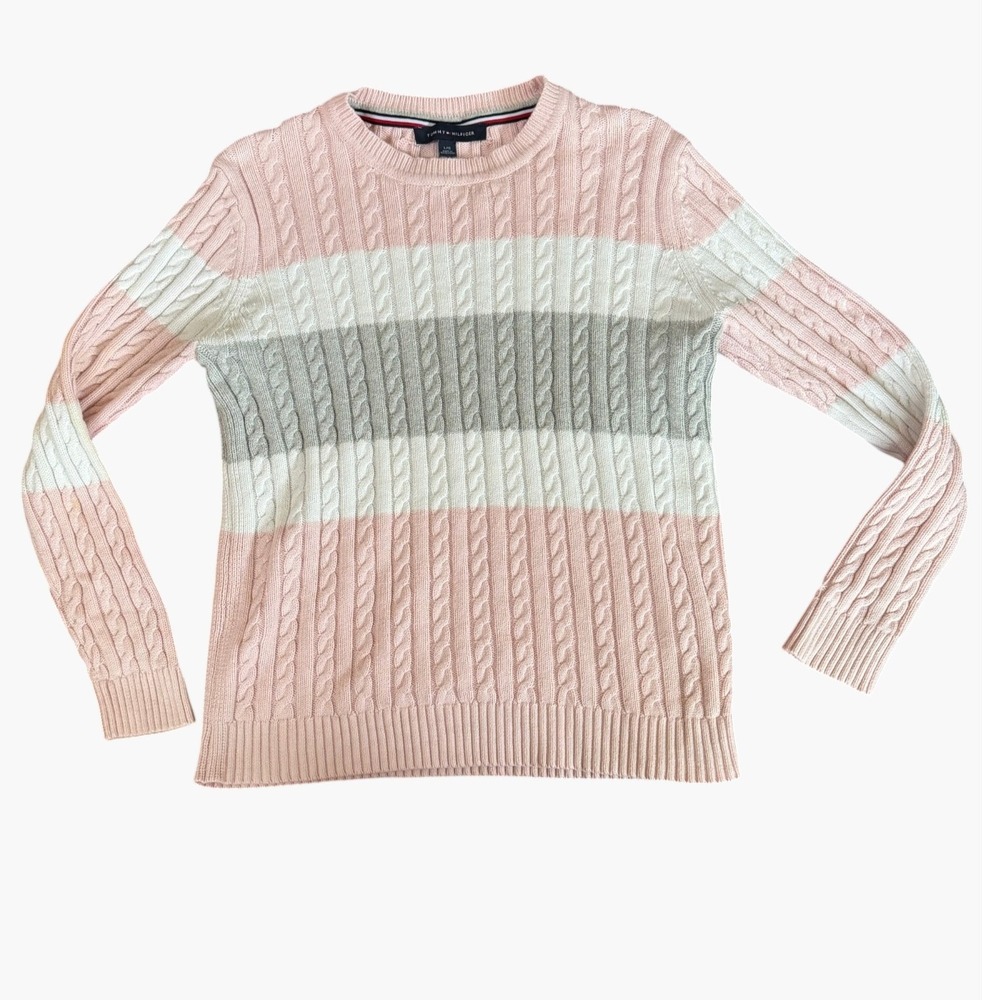 Tommy Hilfiger Womens Pink White Grey Striped Cable Knit Crewneck Sweater